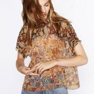 Zara Floral Sheer Blouse with Ruffled Neckline